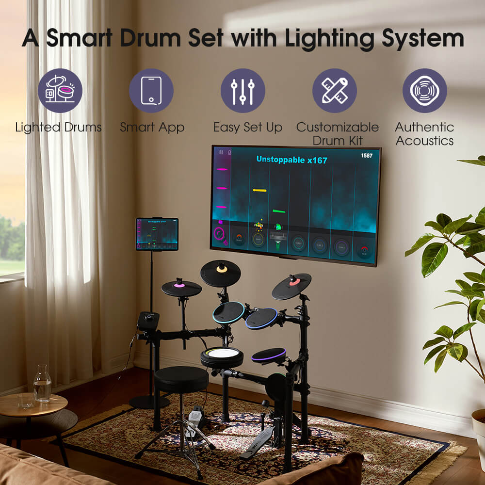 TheONE Polaris TOD1 electronic drum kit with LED lights on each drum and cymbal pad