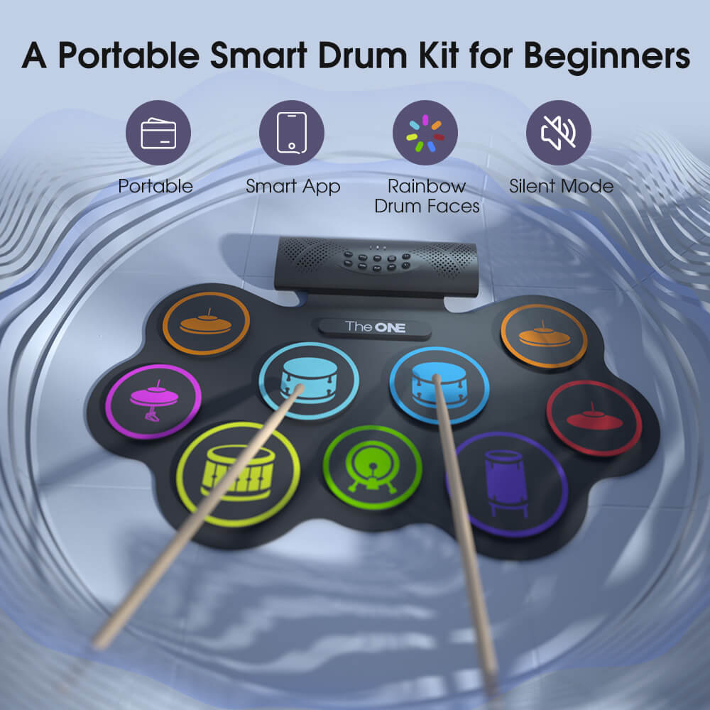 TheONE TRD portable roll-up electronic drum set with nine silicone pads for guided practice