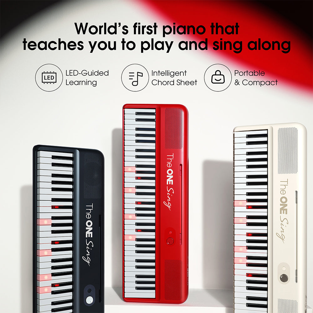 Red, black and white versions of The ONE SING Smart Piano